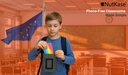 Student placing a phone into a NutKase school phone pouch in a classroom with the European Union flag in the background.