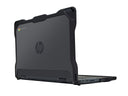 Back view of black NutKase case for HP Chromebook with laptop half open, showcasing hinge flexibility and case structure