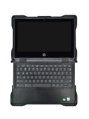 Fully open front view of black NutKase case for HP Chromebook on a white background, showing safe on screen and keyboard
