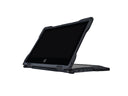 Side view of black NutKase case for HP Chromebook with laptop hinge fully extended, highlighting flexible hinge protection and durability