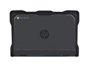 Upper back view of black NutKase case for HP Chromebook on a white background, showcasing top corner and hinge protection