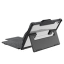 Black NutKase tablet case with attached keyboard, shown from the back on a white background, showcasing protective rear shell and hinge support