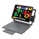Tablet with attached keyboard and stand positioned near a NutKase case on a white background, illustrating easy device insertion and alignment