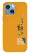 NutKase phone case featuring the Atlantic Health System logo, displayed on a bright yellow background to emphasize branding and healthcare partnership