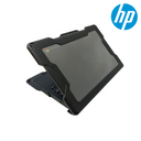 HP Chromebook rugged shell case in black with reinforced corners and a transparent top, shown from the back view to highlight protective design features