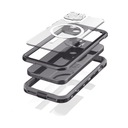 Stacked phone cases with clear and black designs on a white background