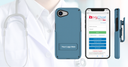 Blue phone case with customizable branding area and smartphone displaying 'MyChart' app interface.