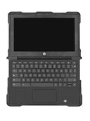 Black HP laptop with keyboard cover on a white background