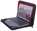 Laptop in a black and red carrying case with a mountain graphic on the screen.