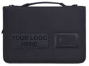 Black ballistic nylon folio for a laptop with a placeholder for a logo, a clear window for an asset tag or barcode, and a carry handle.