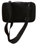 Landscape view of black NutKase zippered pouch bag with attached strap displayed on a white background