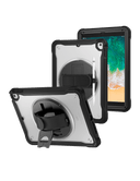 Tablet case with kickstand and tablet displaying screen.