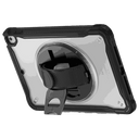 Black and clear shockproof case for iPad with a rugged edge, adjustable silicon hand strap, and built-in screen protector.