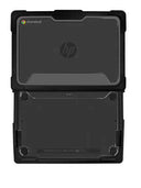 Back view of a black rugged HP Chromebook protective case showing top and bottom shells on a white background.