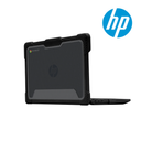 Black HP Chromebook with a clear back on a white background