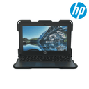 HP Fortis 11\" G10 Chromebook in a rugged black NutKase case, shown open with a scenic wallpaper on the screen, emphasizing screen visibility and protective housing