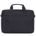 “Black fabric laptop or tablet sleeve with a textured exterior, two short carry handles on top, a zippered closure, and a small brand patch on the lower right corner, shown from the front.