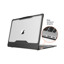 Side view of MacBook laptop in a black NutKase case, half open on a white background, highlighting easy access to ports and slim protective design