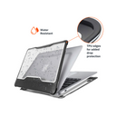 Side view of MacBook laptop in black NutKase water-resistant case with TPU edges, half open on a white background, designed for durable protection