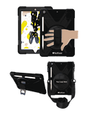 Black protective case for tablets with multiple angles and a hand holding it.