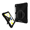 A black protective case for iPad with a built-in screen protector, reinforced silicon corner bumpers, and a sturdy kickstand for portrait and landscape mode viewing. The case also features a pen holder and provides full coverage of the device.