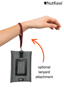 Gray NutKase phone pouch with optional lanyard attachment shown on a  wrist and white background, featuring NutKase branding 