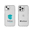 Two clear NutKase iPhone cases displaying different branding logos, one labeled “NutKase Health Care” with a teal acorn icon, and the other with the black NutKase logo.
