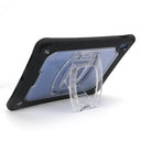 A black rugged protective case for iPad with a clear back and a built-in kickstand.