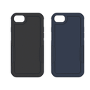 Two rugged cases for phones, one black and one blue, displayed frontally with the back covers attached.