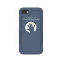 A blue rugged dual layer construction phone case with a white logo of a hand and text 'Lurie Children's Hospital of Chicago' on the back.