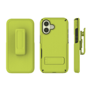 Green iPhone 16 case with stand and clip on a white background
