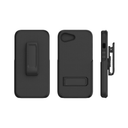 Black rugged phone holster/case with a textured surface and rotating belt clip, shown from front, back, and side views; includes a camera cutout, bottom opening, and sturdy clip attachment.