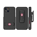A black rugged iPhone case with a slide-in clip and a built-in kickstand, displayed from multiple angles.