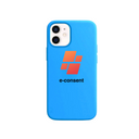 A light blue silicone case for an iPhone with e-consent logo