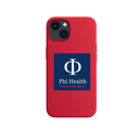 A red matte silicon iPhone case with Phi Health Patient Care Device logo