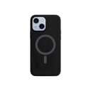 A black silicone case for an iPhone with a simple design featuring a cutout in the center for the iPhone's camera and a MagSafe compatible charging port.