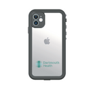 A clear back smartphone case with a waterproof design, featuring a logo on the bottom, and a visible Apple logo on the back of the phone.