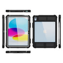 A black waterproof case for iPad 10.2", showing the front, back, and side views with the case closed and open.