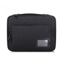 A black laptop cover with a big pocket, featuring a rigid frame, zippers, and an ID card holder.