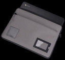 A gray laptop sleeve with a zippered closure, neoprene cushion interior visible, and an ID card holder on the side.