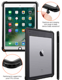 An NK Ultra Waterproof Case for iPad 10.2" being displayed from different angles, highlighting features such as earphone and charging port plugs, a reinforced nugget drop protection, and a clear back for asset tagging.